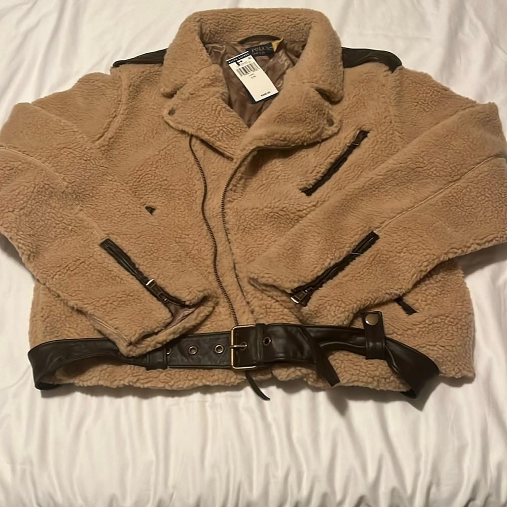 NWT:POLO RALPH LAUREN TEDDY SHEARLING MOTO JACKET WITH LEATHER TRIM 50% poly/rec
